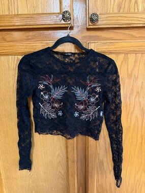 Zara Black Lace Long-Sleeve Embroidered Crop Top